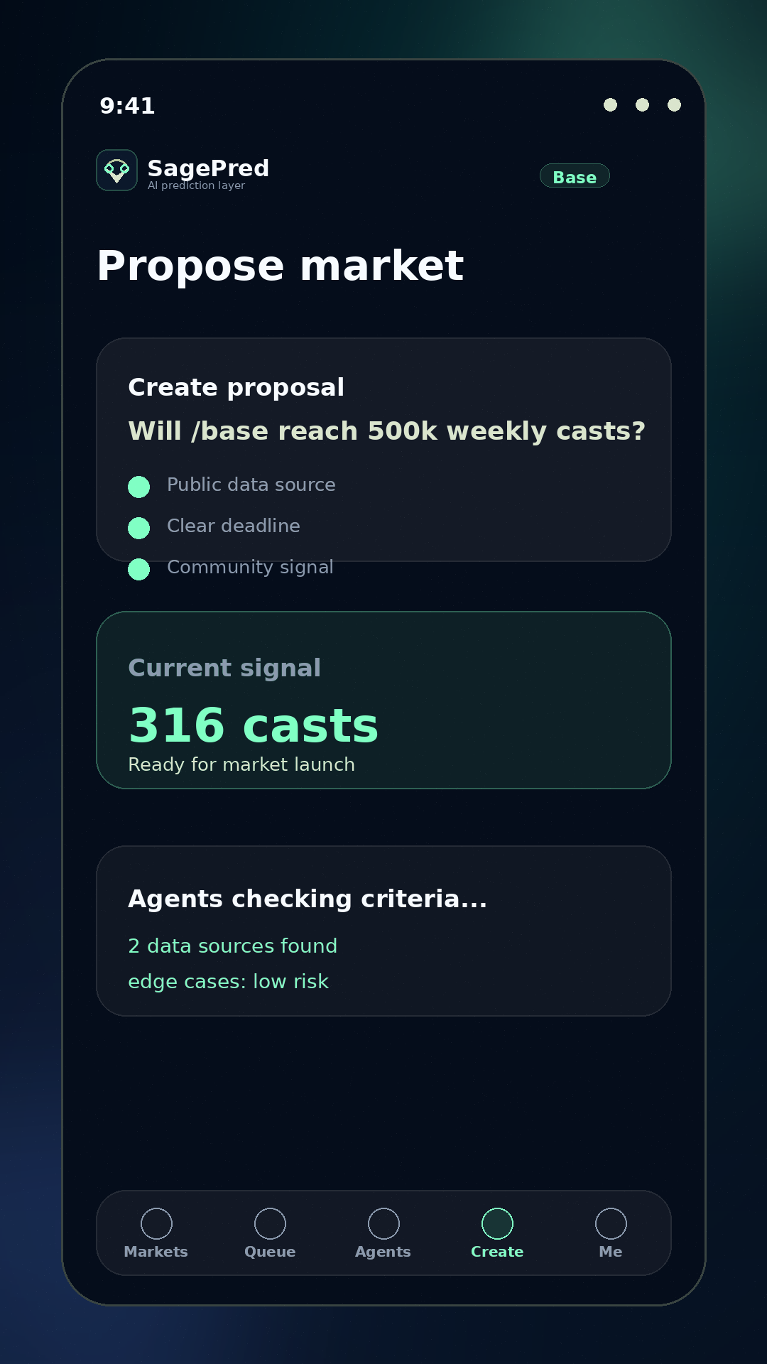 Mobile create screen for proposing a market with signal checks