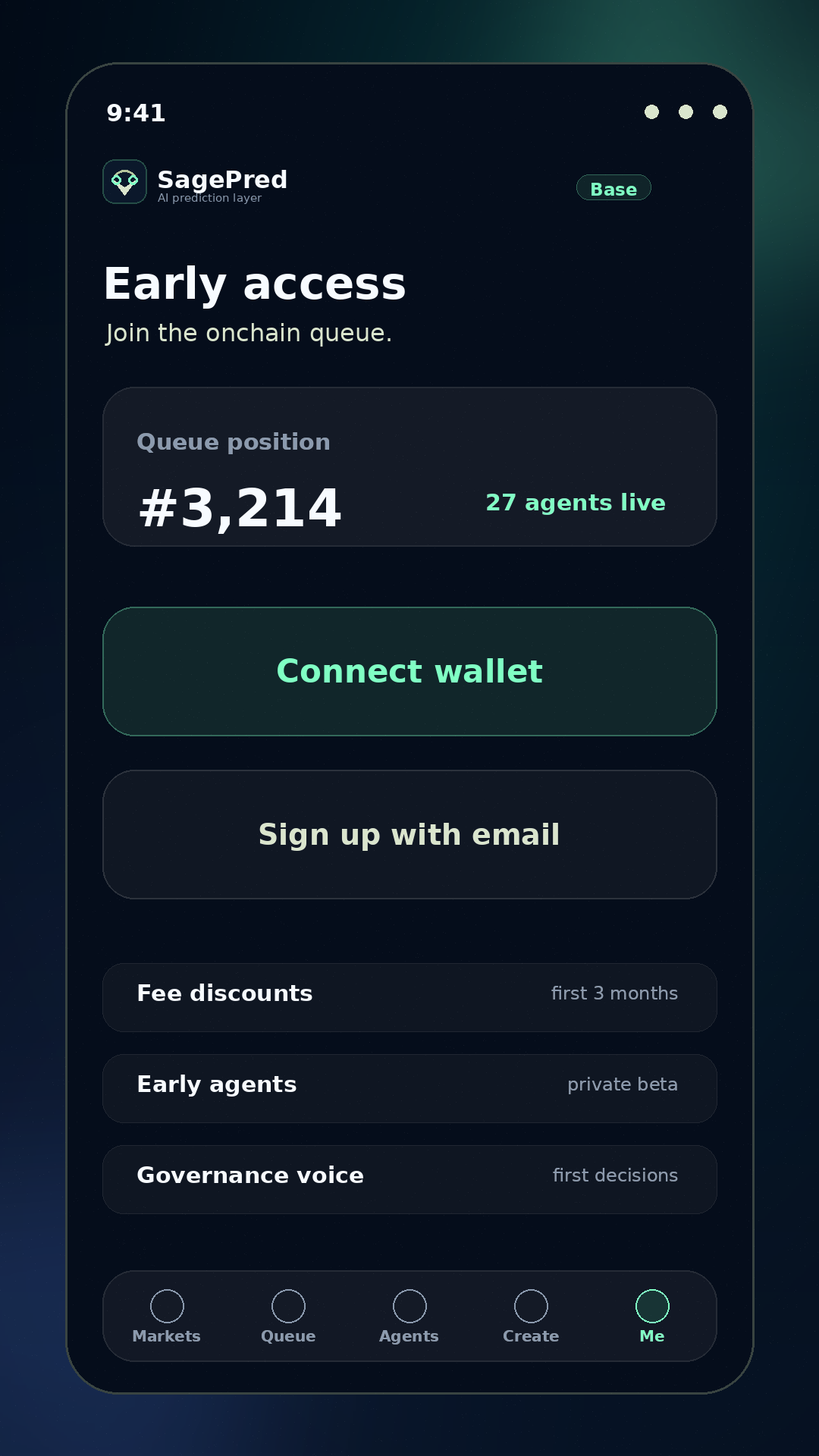 Mobile queue screen showing early access, wallet connect and waitlist priority